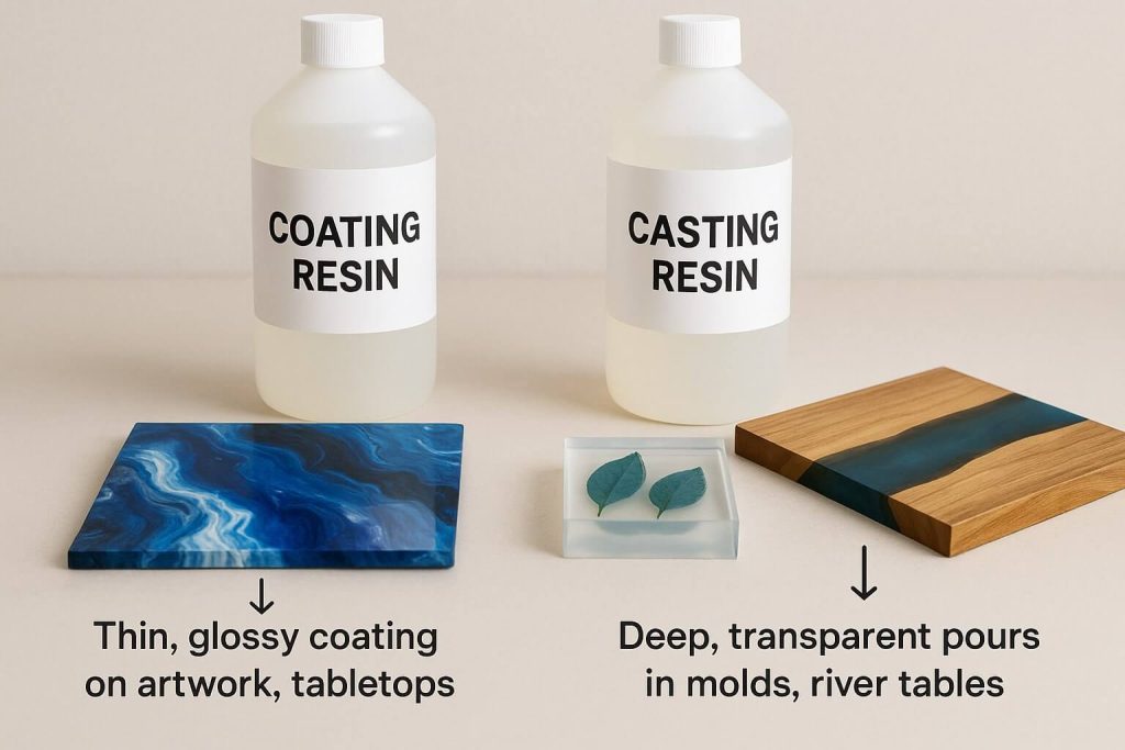 Clear comparison between coating resin and casting resin with visual examples showing intended uses like artwork coating and deep molds.