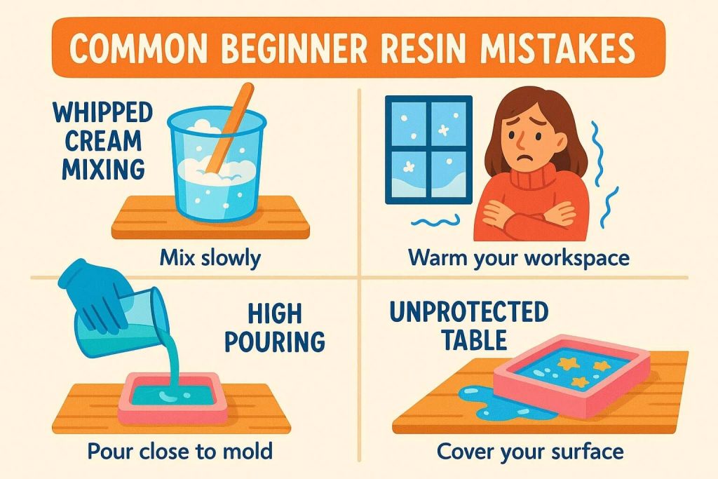 Illustrative infographic showing common beginner resin mistakes leading to bubbles and tips on avoiding them.