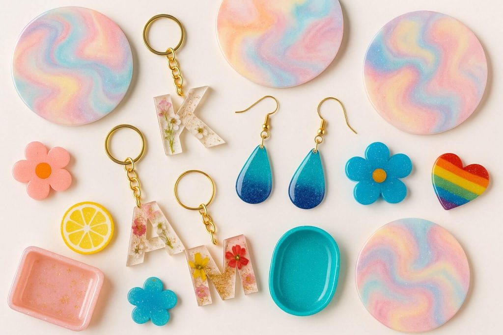 Selection of beginner-friendly resin art projects including coasters, keychains, jewelry pendants, and decorative trays.