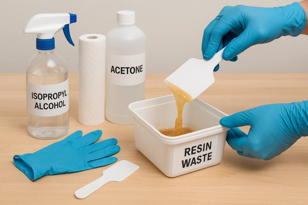 Safe cleanup practices for removing sticky uncured resin using scrapers, isopropyl alcohol, and proper waste disposal.