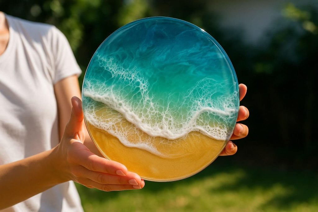 Beautiful, clear, bubble-free finished resin artwork held proudly, demonstrating successful resin crafting.