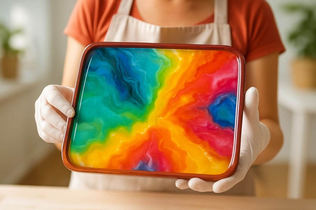 Artist proudly showcasing completed resin art project with glossy finish, vibrant colors, and clear resin details.