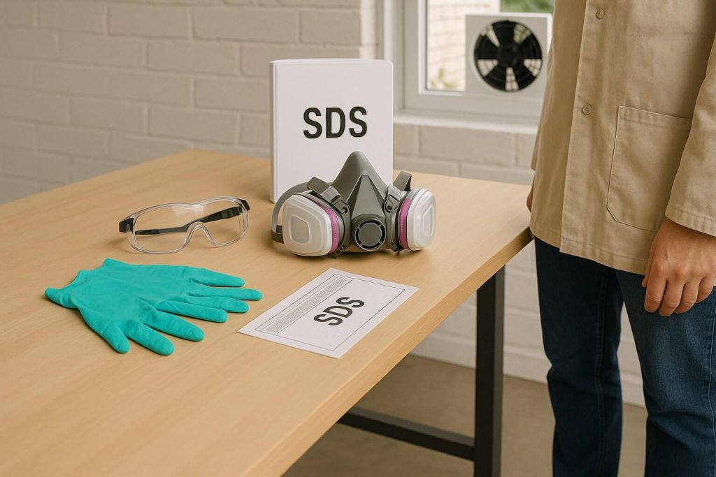 Essential resin art safety equipment clearly displayed including gloves, goggles, respirator mask, and proper ventilation setup.