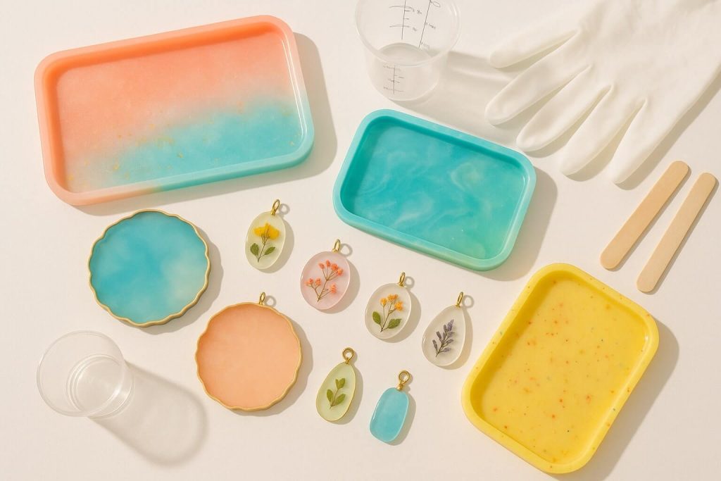 Inspiring beginner resin art projects including glossy coasters, flower-embedded pendants, and colorful decorative trays on a tidy workspace.