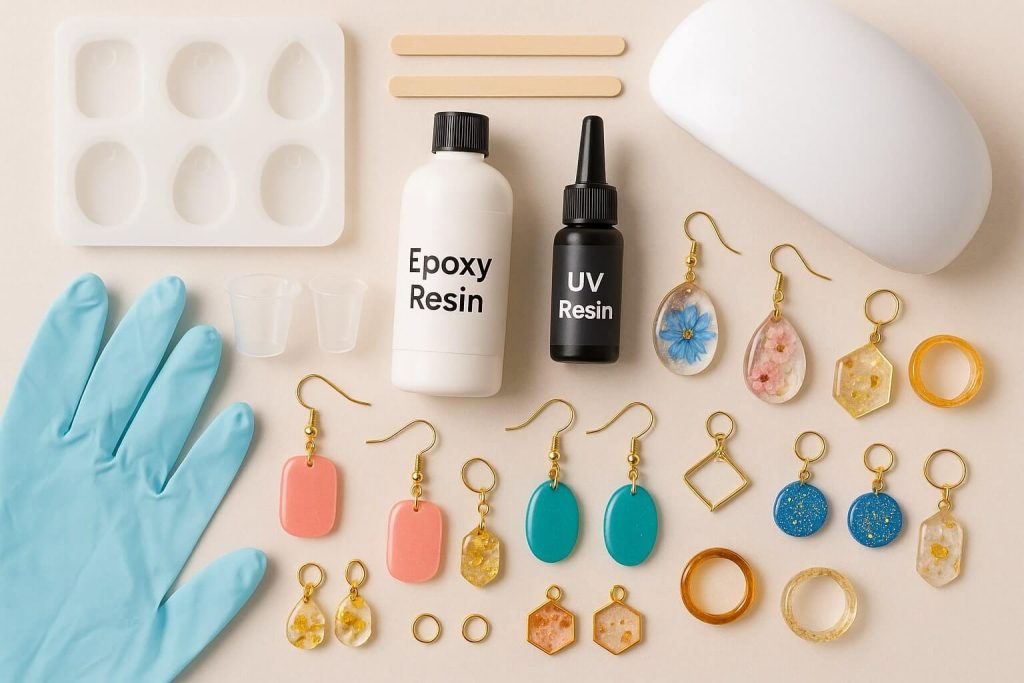 Inspirational flat-lay of beautiful beginner resin jewelry projects including pendants, earrings, rings, and essential crafting tools.