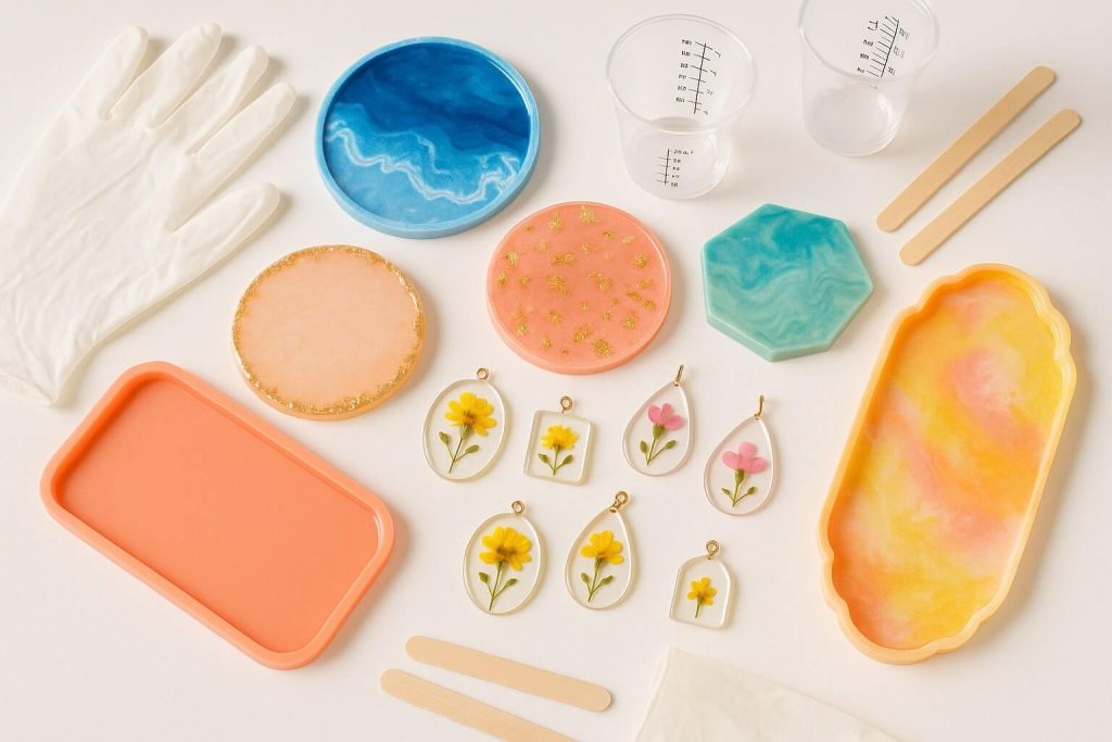 Inspirational beginner resin art projects displayed neatly on a bright workspace with coasters, pendants, trays, and essential tools.