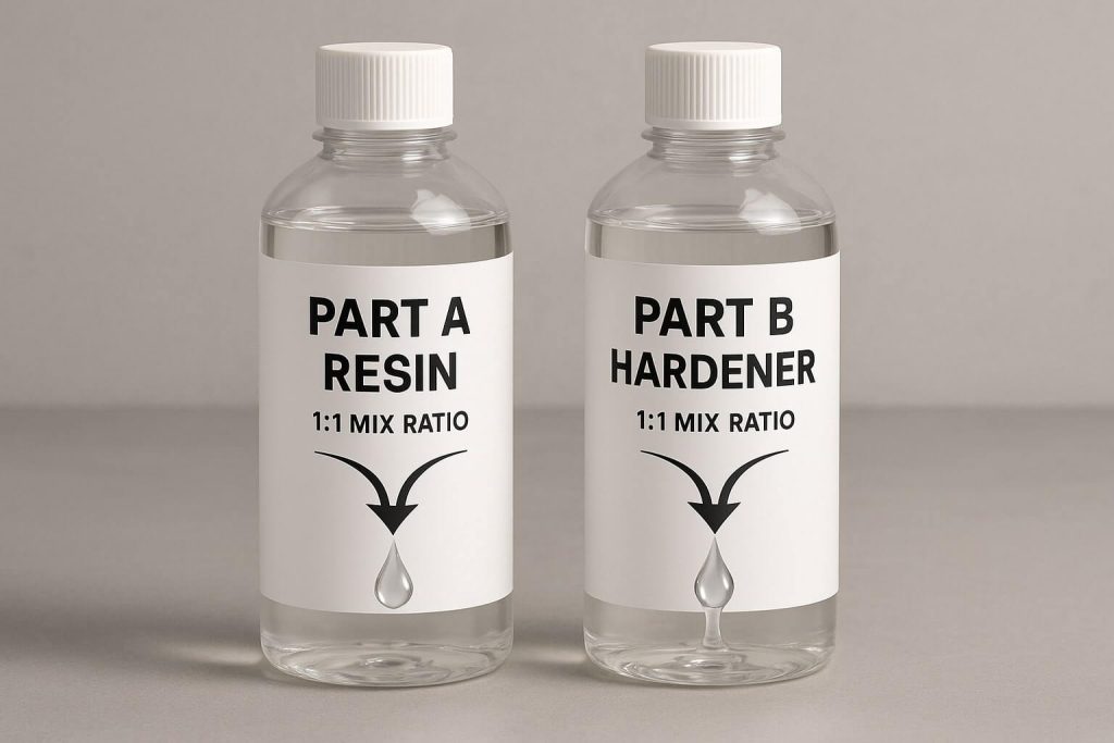 Epoxy resin two-part system clearly illustrating Part A resin and Part B hardener with 1:1 mixing ratio.