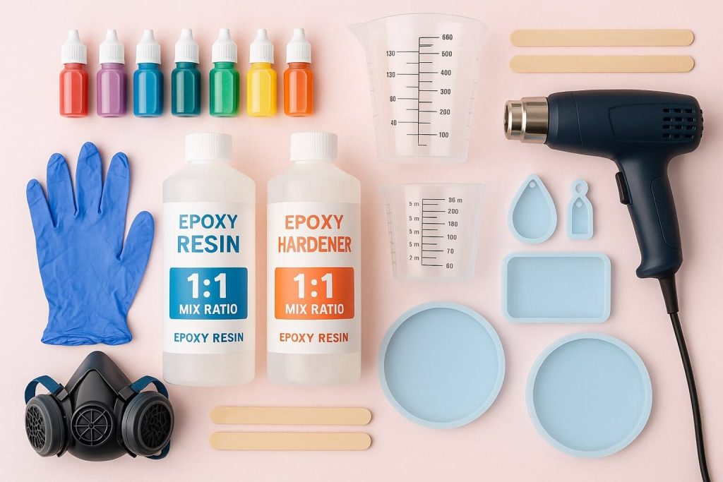 Essential beginner resin art supplies including epoxy resin, mixing tools, safety gear, and silicone molds arranged attractively.