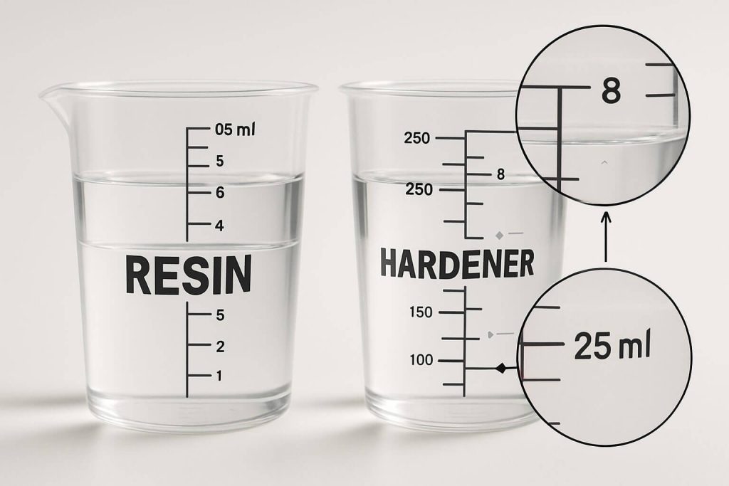 Precise measuring technique for epoxy resin showing accurately filled graduated measuring cups side-by-side.