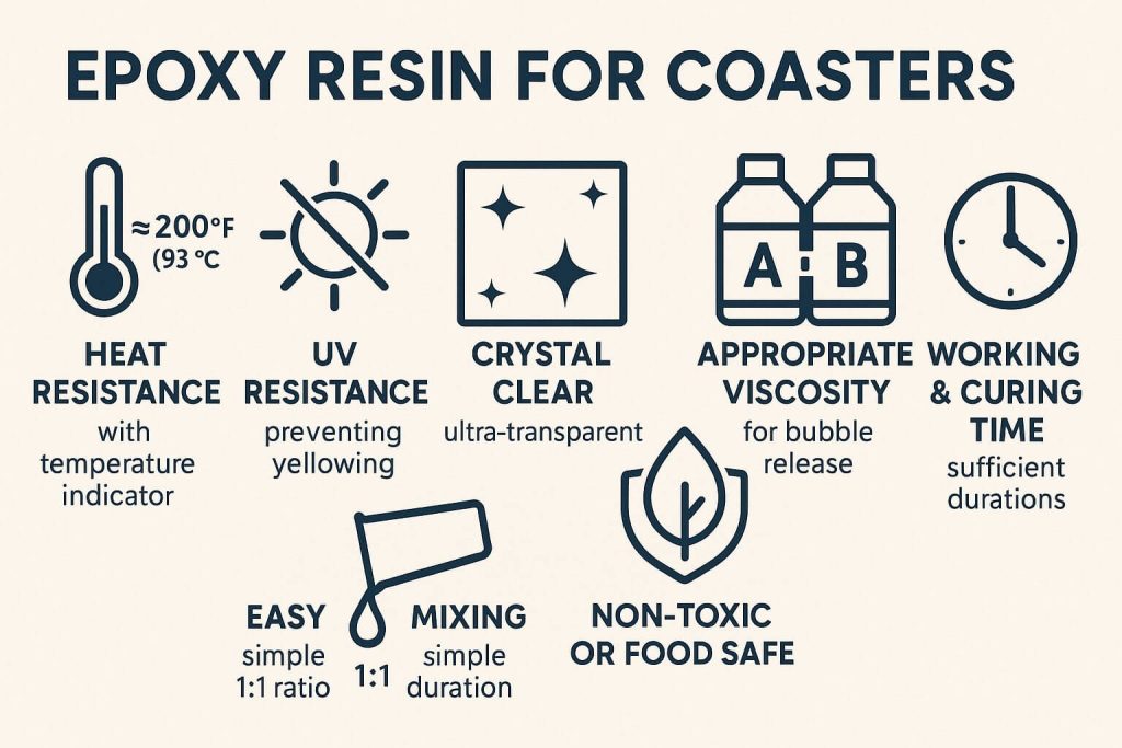 Clear infographic comparing essential qualities of epoxy resin ideal for making durable, clear, and heat-resistant coasters.