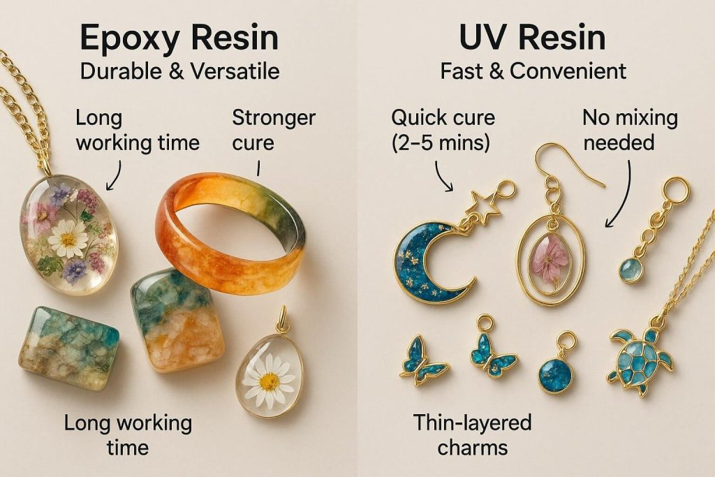 Side-by-side comparison illustrating epoxy resin's versatility for thicker jewelry projects versus UV resin's convenience for thin, detailed pieces.