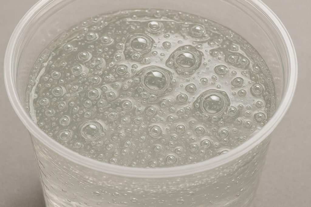 Close-up view clearly showing air bubbles trapped in freshly mixed epoxy resin.