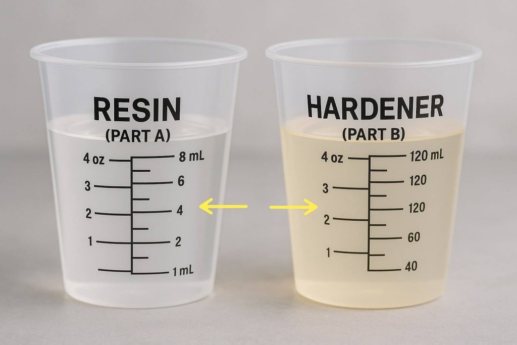 Clear demonstration of accurate epoxy resin and hardener measuring using graduated measuring cups with precise markings.