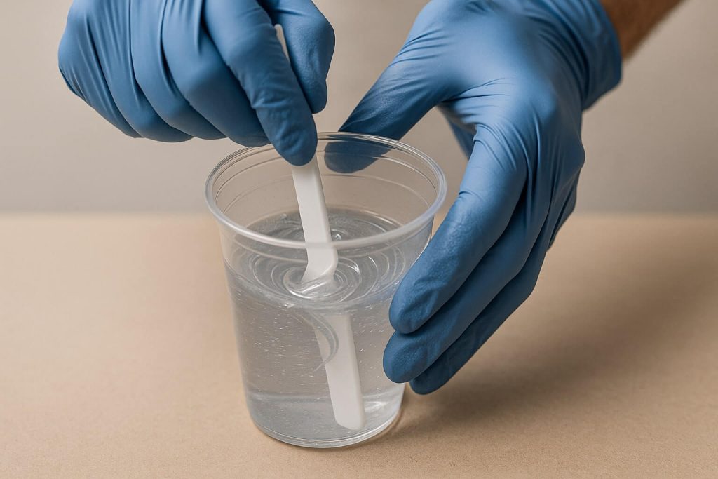 Proper epoxy resin mixing technique showing slow figure-8 motions with a silicone stir stick for thorough consistency.