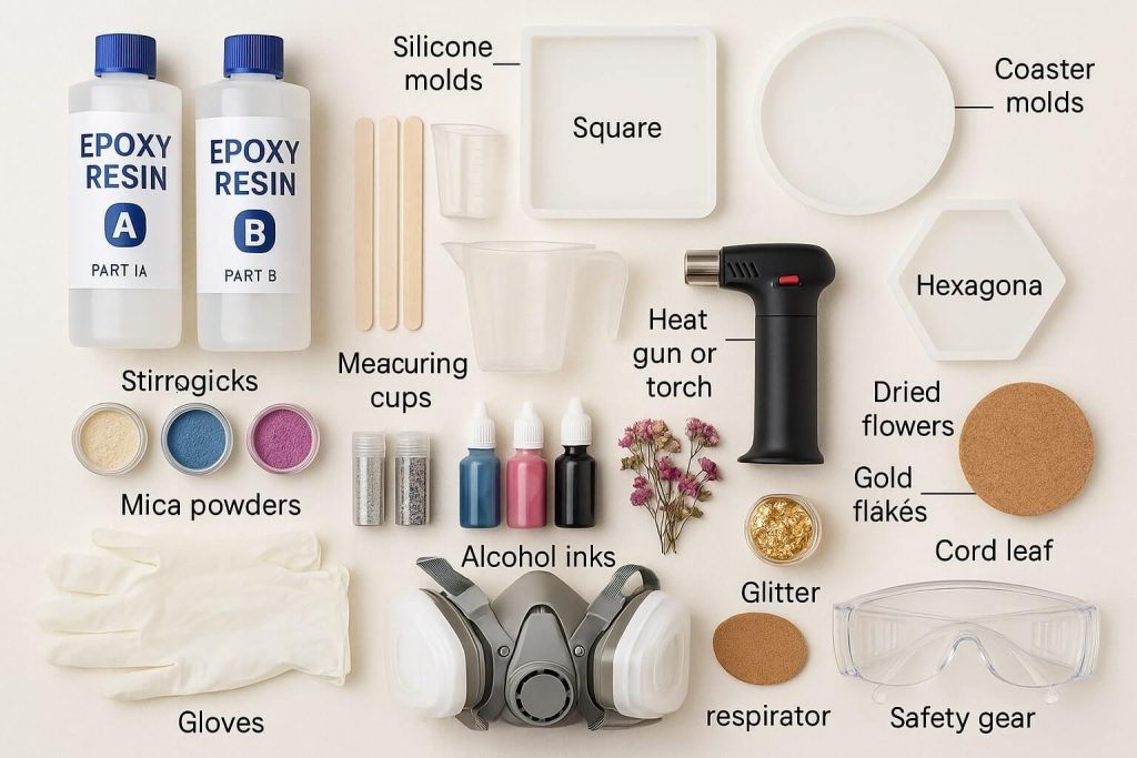 Neatly arranged essential tools and materials for making resin coasters, including molds, epoxy resin, safety gear, and decorative inclusions.