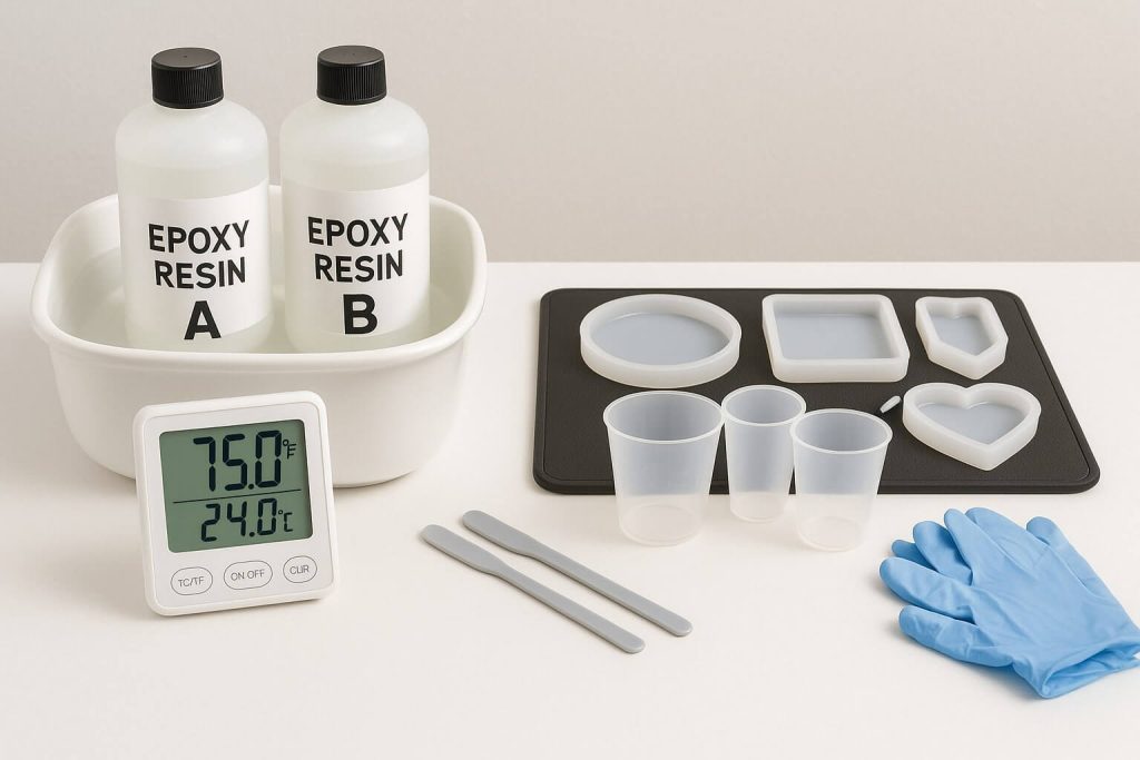 Workspace setup with resin bottles warming, thermometer displaying optimal temperature, and silicone molds ready on warming mat.