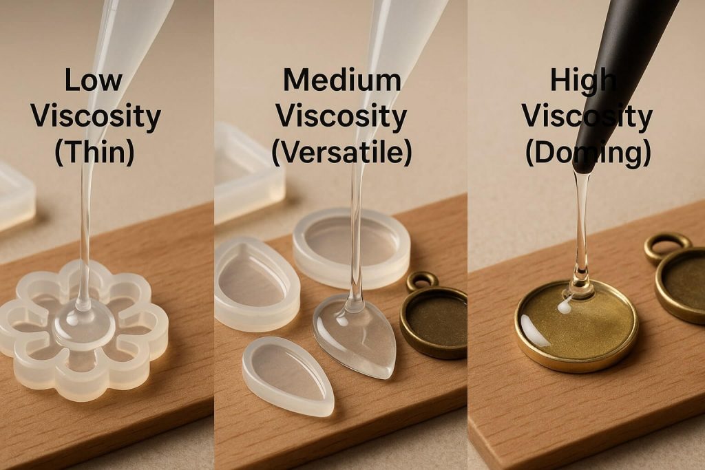 Clear demonstration of resin viscosity types: low viscosity for fine details, medium viscosity versatile usage, and high viscosity doming resin effects.