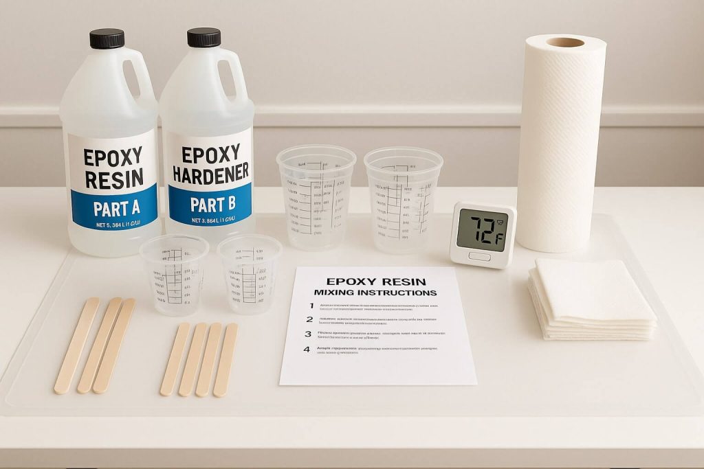 Ideal workspace setup for epoxy resin mixing with silicone mats, epoxy bottles, mixing cups, and thermometer indicating 72°F.