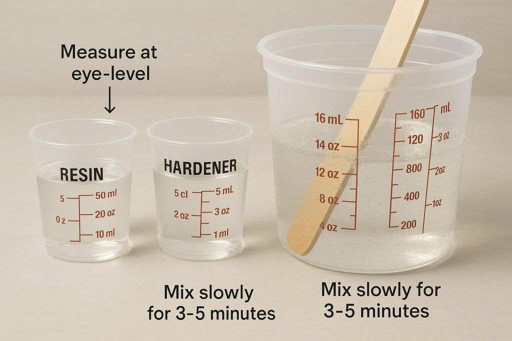 Accurate measurement and thorough mixing technique demonstrated with clear graduated cups and wooden stir stick.