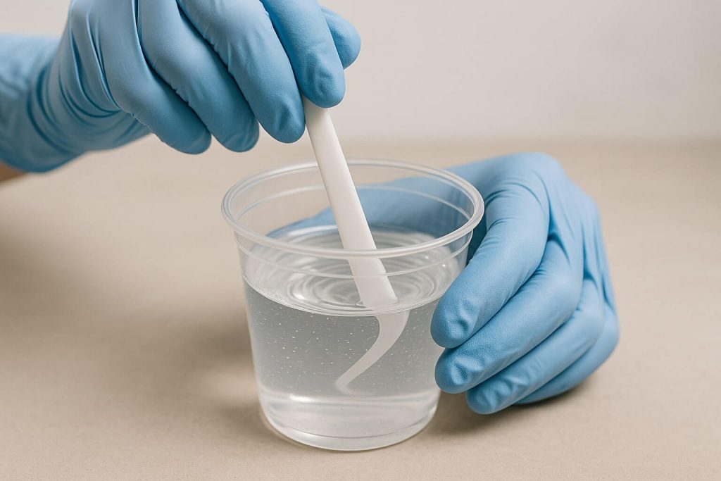 Proper resin mixing technique demonstrating slow figure-8 motions in a clear cup to avoid bubbles