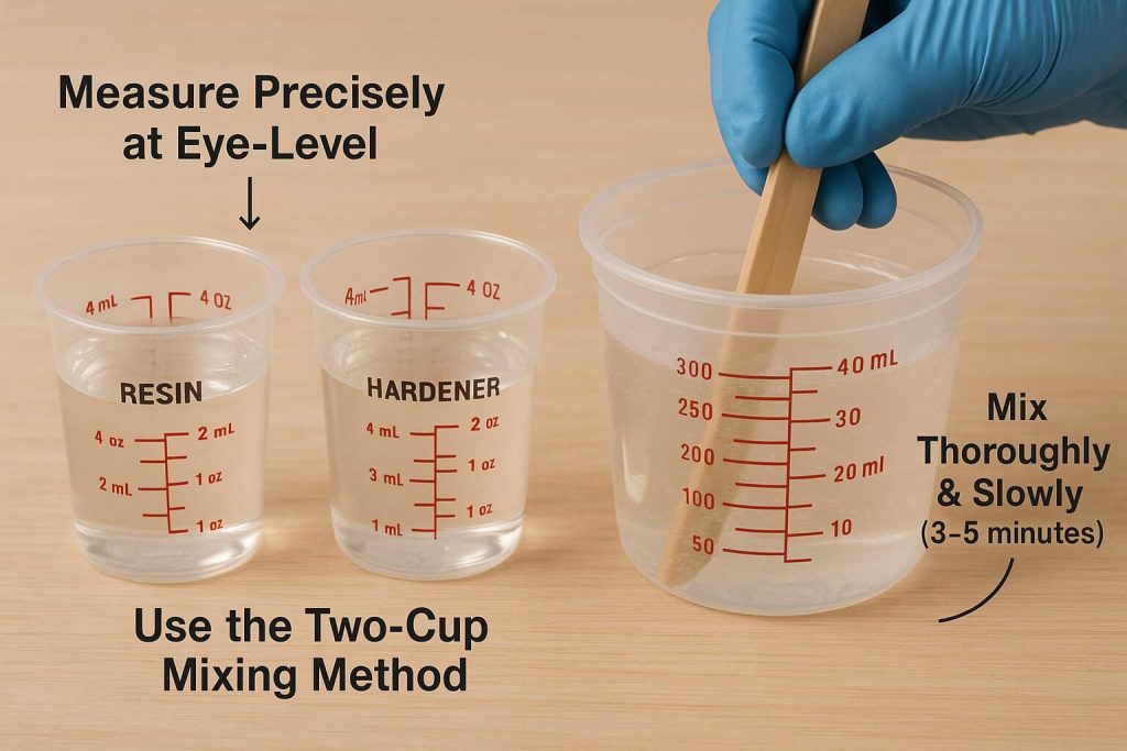Precise measuring and thorough mixing technique for epoxy resin using graduated cups and wooden stir stick.
