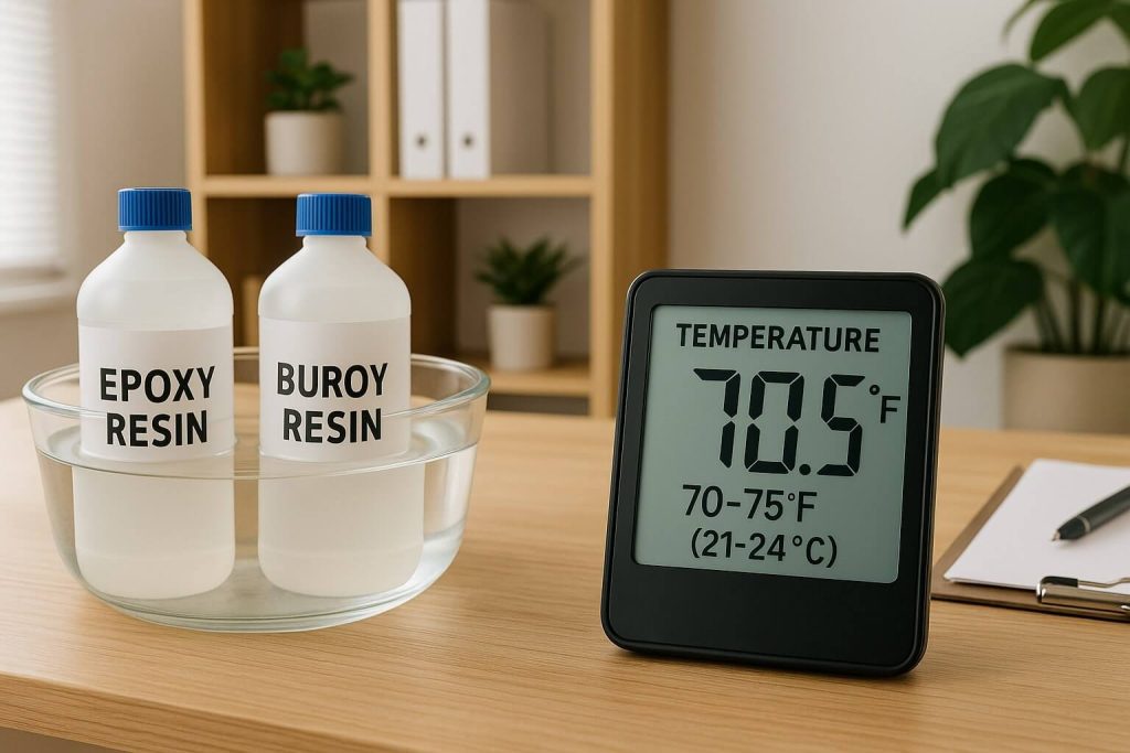Maintaining ideal resin workspace temperature of 70-75°F with resin bottles warming gently in a water bath.