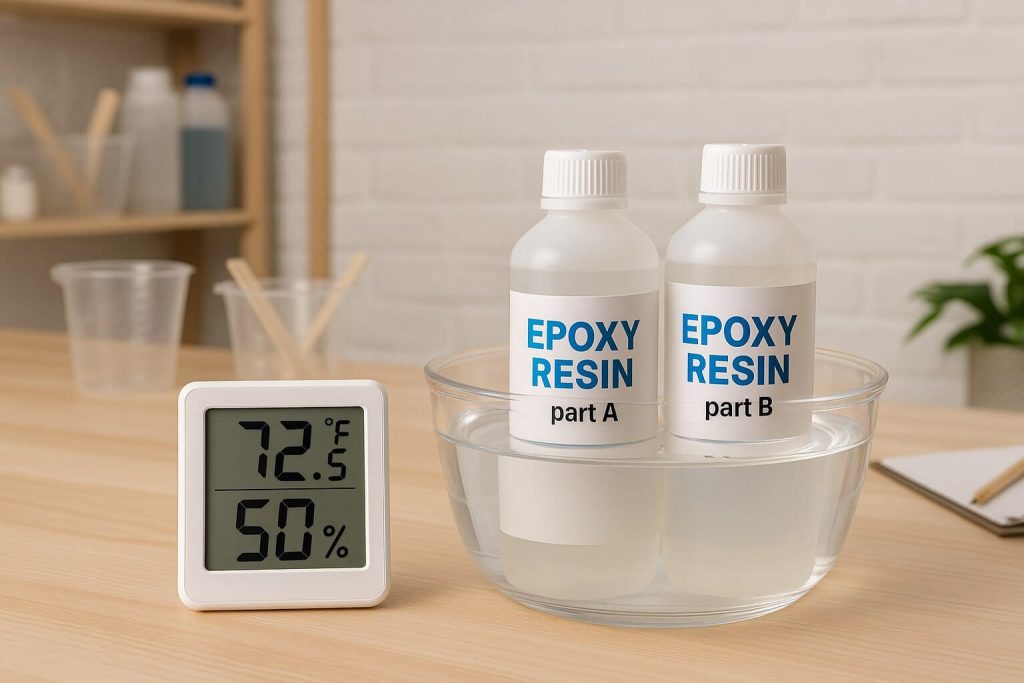 Optimal resin workspace temperature setup displaying thermometer at 70-75°F with resin warming in a water bath.