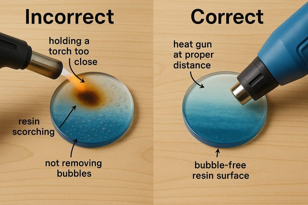 Clear side-by-side visual demonstrating correct and incorrect bubble removal techniques for flawless resin coaster results.
