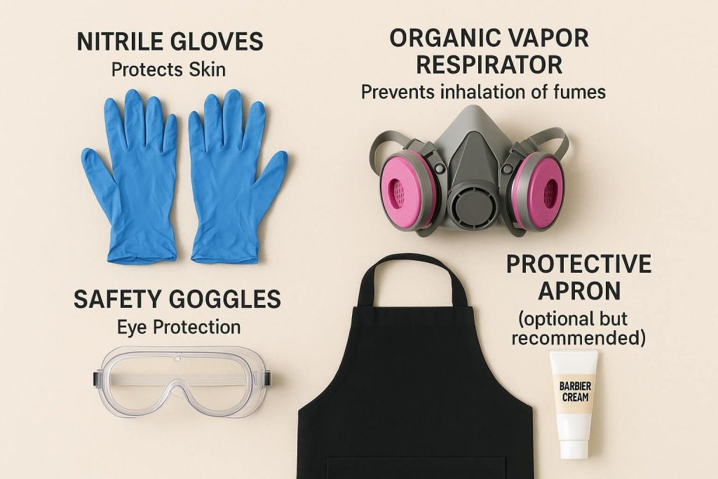 Essential resin jewelry safety gear including nitrile gloves, respirator, safety goggles, apron, and barrier cream neatly labeled and arranged.
