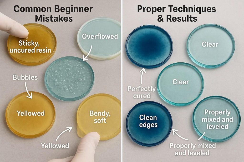 Educational and humorous comparison illustrating common beginner resin coaster mistakes and how to avoid them for perfect results.