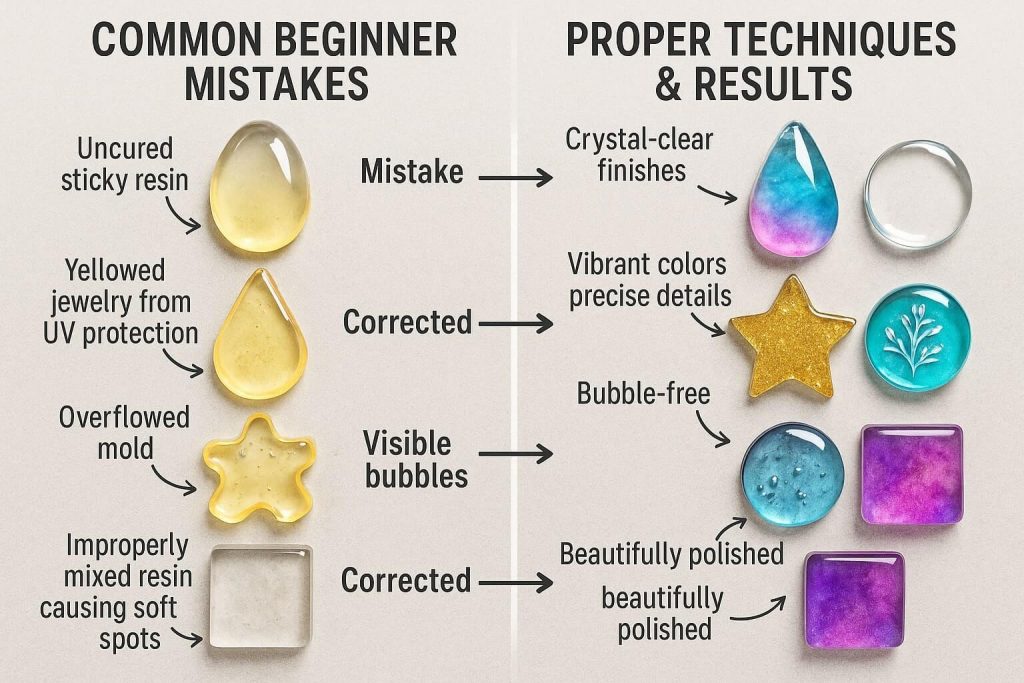 Humorous yet educational comparison highlighting common resin jewelry beginner mistakes and proper techniques for flawless results.