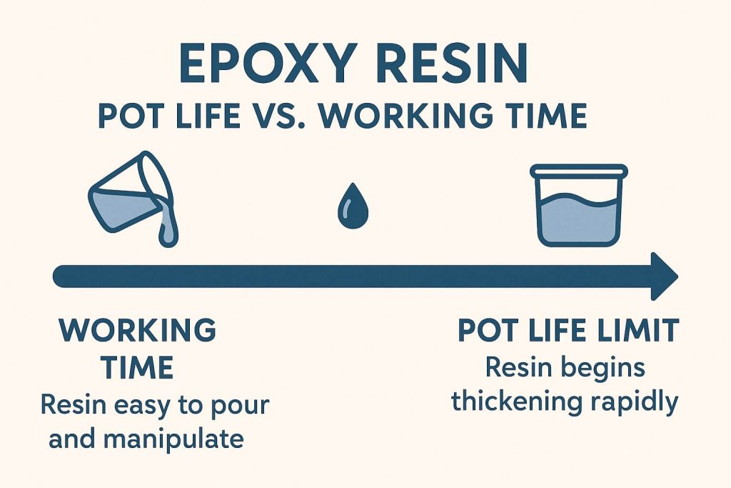 Visual explanation of epoxy resin pot life versus working time illustrating resin consistency and optimal usage timing.