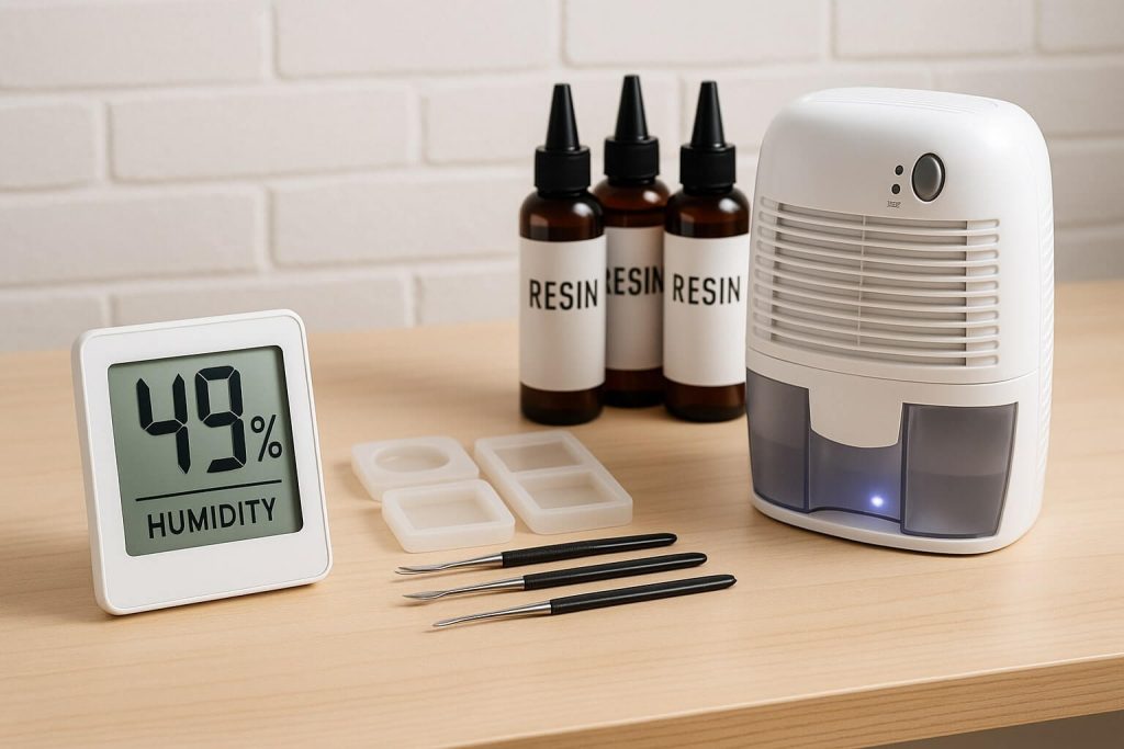 Proper resin curing environment showing controlled humidity levels below 60%, with digital hygrometer and dehumidifier.