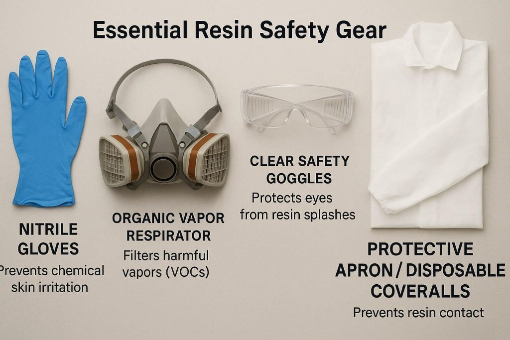 Complete set of essential resin safety gear including nitrile gloves, respirator mask, goggles, and protective apron.