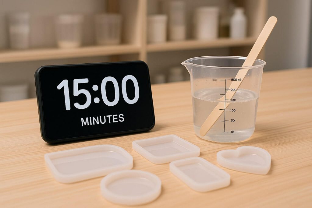 Efficient workspace organization highlighting resin pot life with visible countdown timer and prepared resin molds.