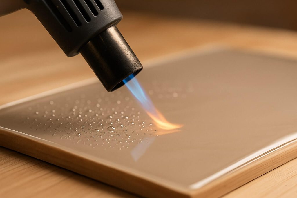 Effective removal of bubbles from freshly poured resin using a heat gun, demonstrating correct distance and gentle sweeping motion.