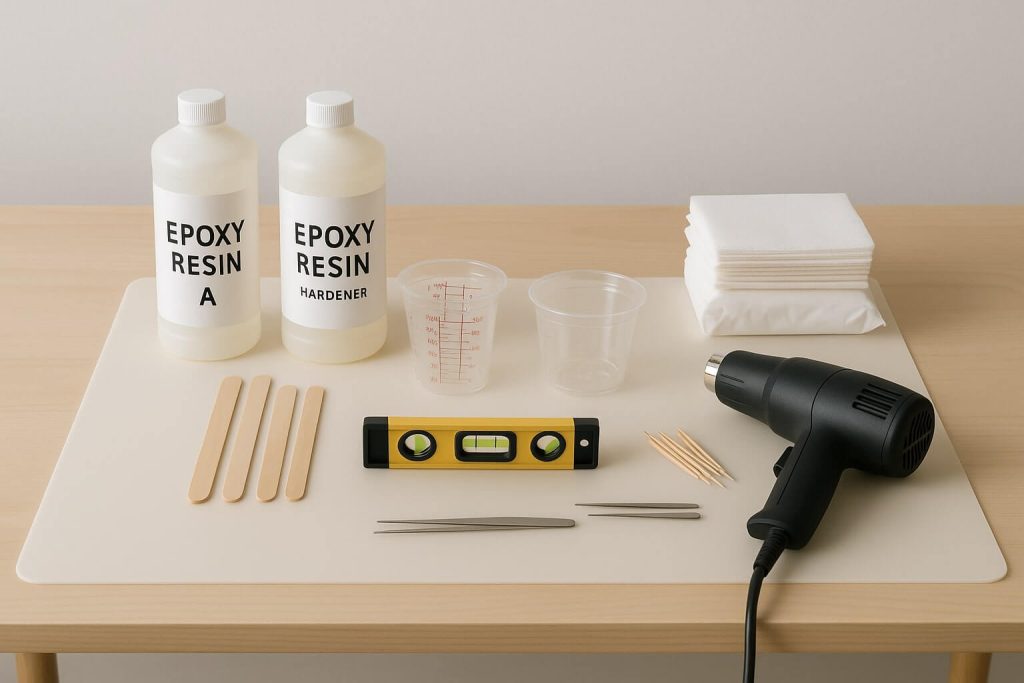 Clean and organized resin art workspace with silicone mat, epoxy resin, mixing cups, heat gun, and safety tools.