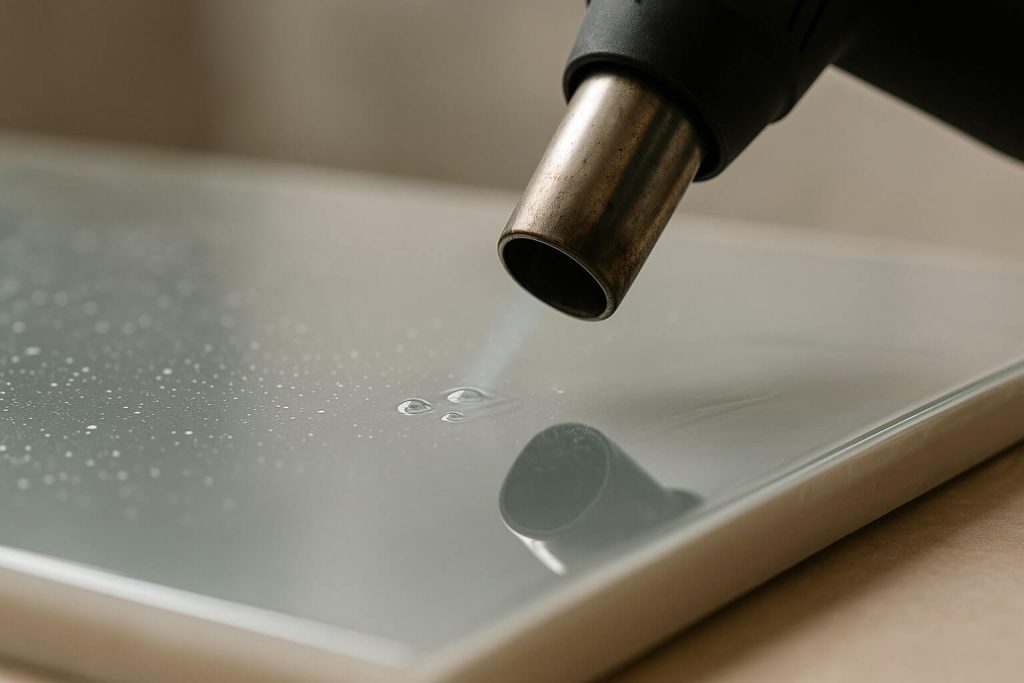 Using a heat gun to effectively remove bubbles from freshly poured resin surface.