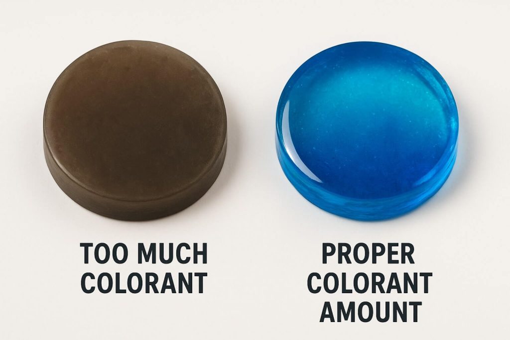 Side-by-side comparison of resin pours illustrating the effects of correct vs. excessive colorant use.