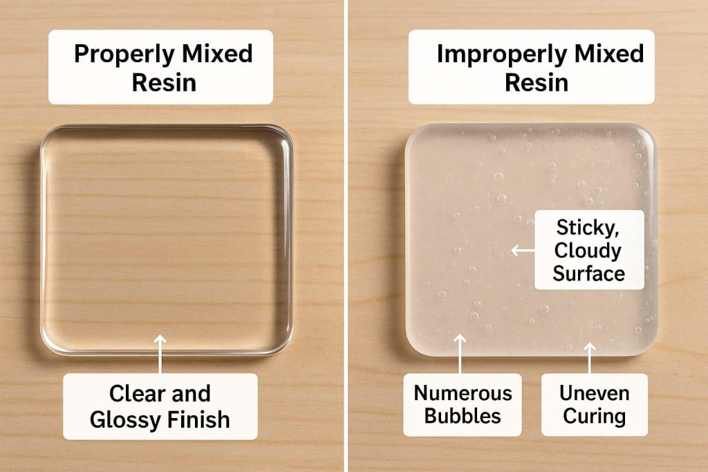 Side-by-side comparison showing correctly mixed resin versus improperly mixed resin with clarity and curing issues.