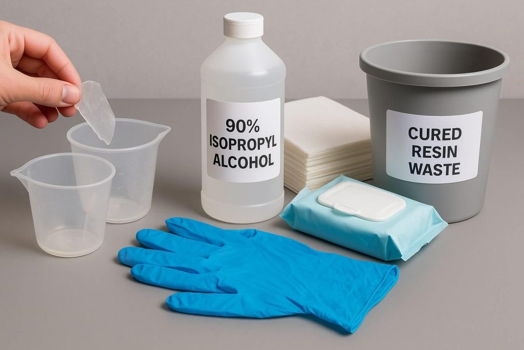 Proper cleanup and storage methods for epoxy resin materials including cured resin removal, isopropyl alcohol, and disposal containers.