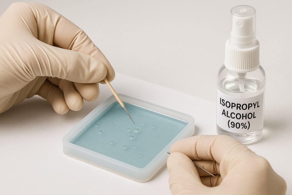 Hands using a toothpick and isopropyl alcohol spray to manually eliminate resin bubbles.