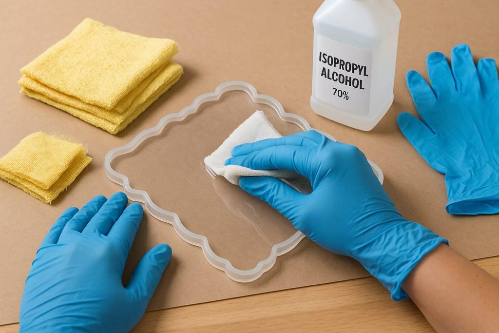 Proper cleaning technique for resin molds and surfaces using isopropyl alcohol to avoid contamination.