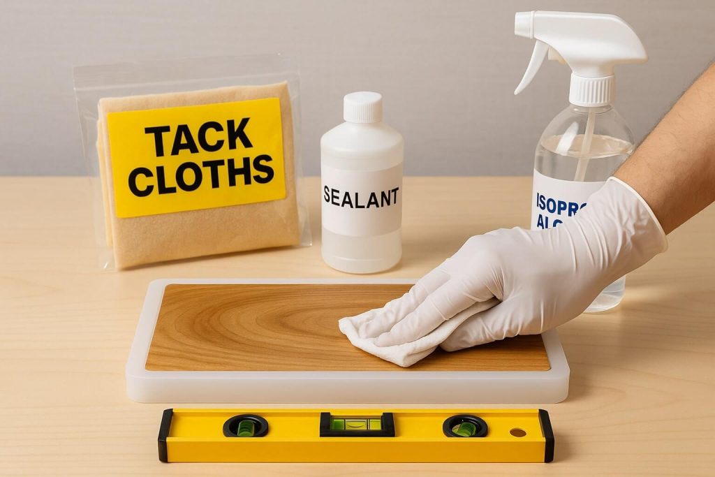 Proper resin surface preparation demonstrated by cleaning wooden surface with isopropyl alcohol and leveling tools.