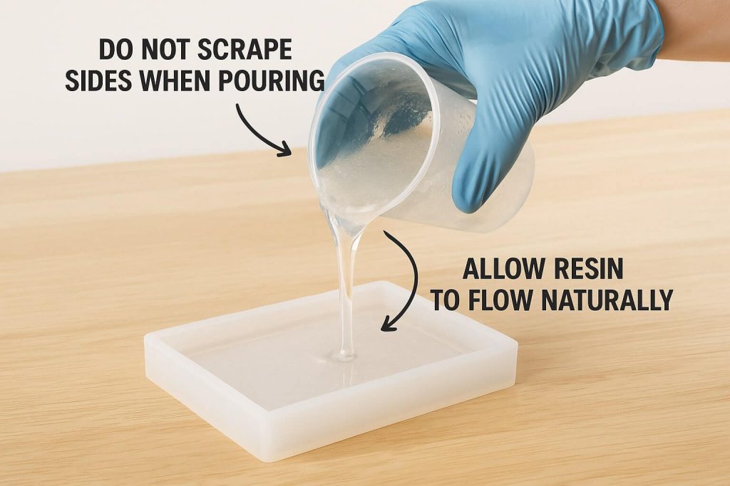 Correct resin pouring method into mold without scraping mixing cup sides to prevent uncured resin contamination.