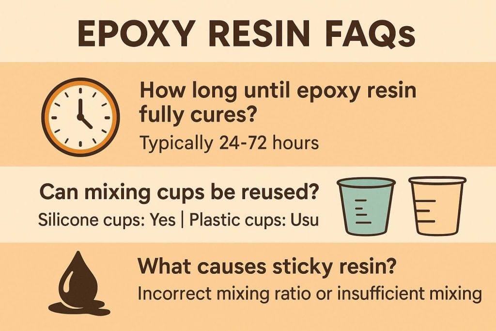 Infographic summarizing common beginner questions and answers about mixing epoxy resin, curing times, reusable cups, and troubleshooting tips.