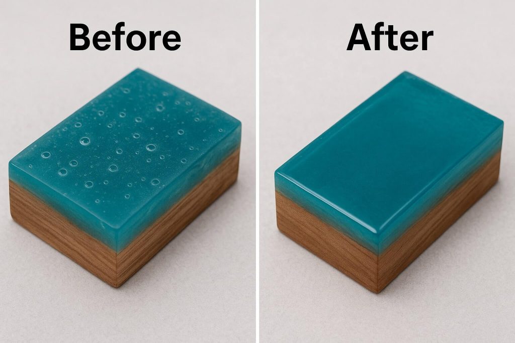 Before-and-after comparison showing how to fix surface bubbles in cured resin by sanding and recoating.