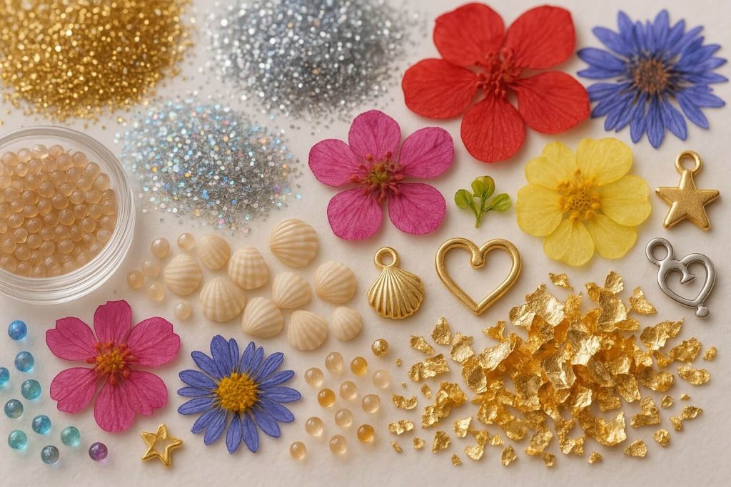 Beautiful decorative embellishments for resin art including glitter, dried flowers, metallic flakes, shells, and charms.