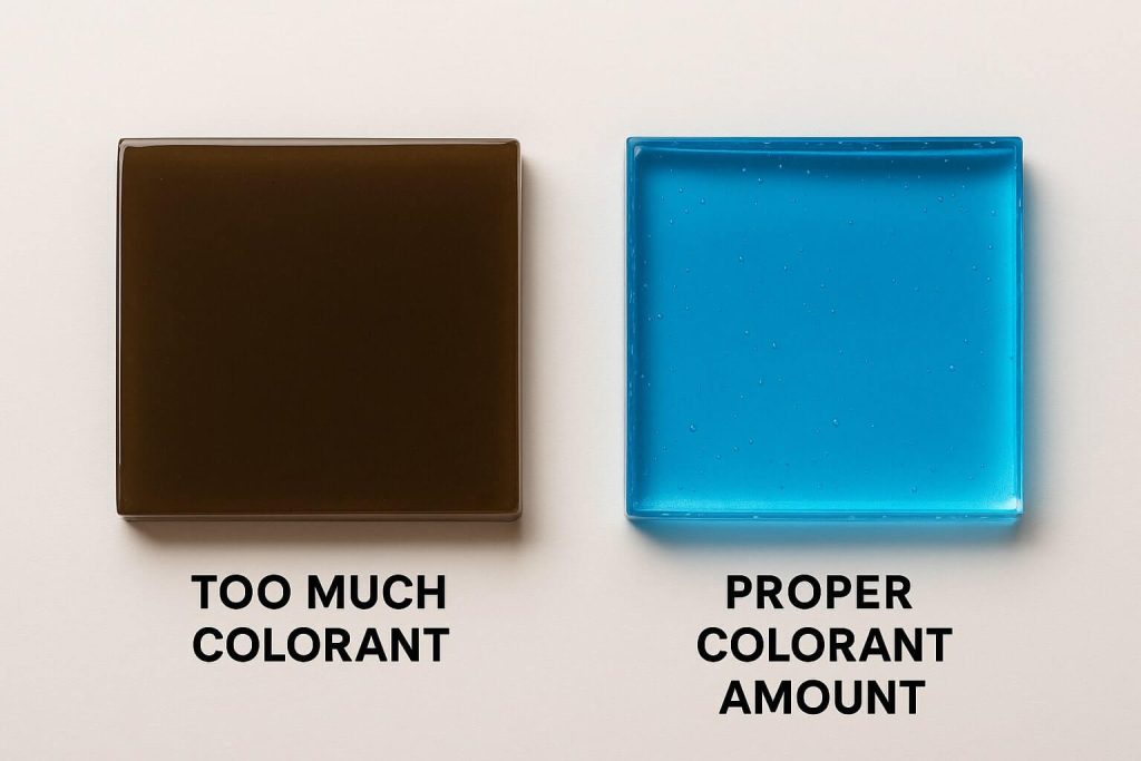 Comparison between resin projects showing effects of excessive versus correct pigment amounts, highlighting clarity differences.