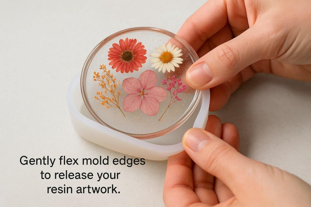 Close-up moment of demolding a fully cured resin coaster from a flexible silicone mold, revealing vibrant glossy finish.